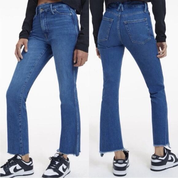 Good American Good Curve Raw Hem Straight Crossover Jeans Size 12 31 Asymmetric - Picture 3 of 11